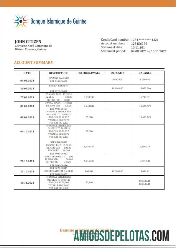 Modelo de extrato bancário para download do Guinea Banque Islamique De Guinée comprovante de endereço em formato Word e PDF